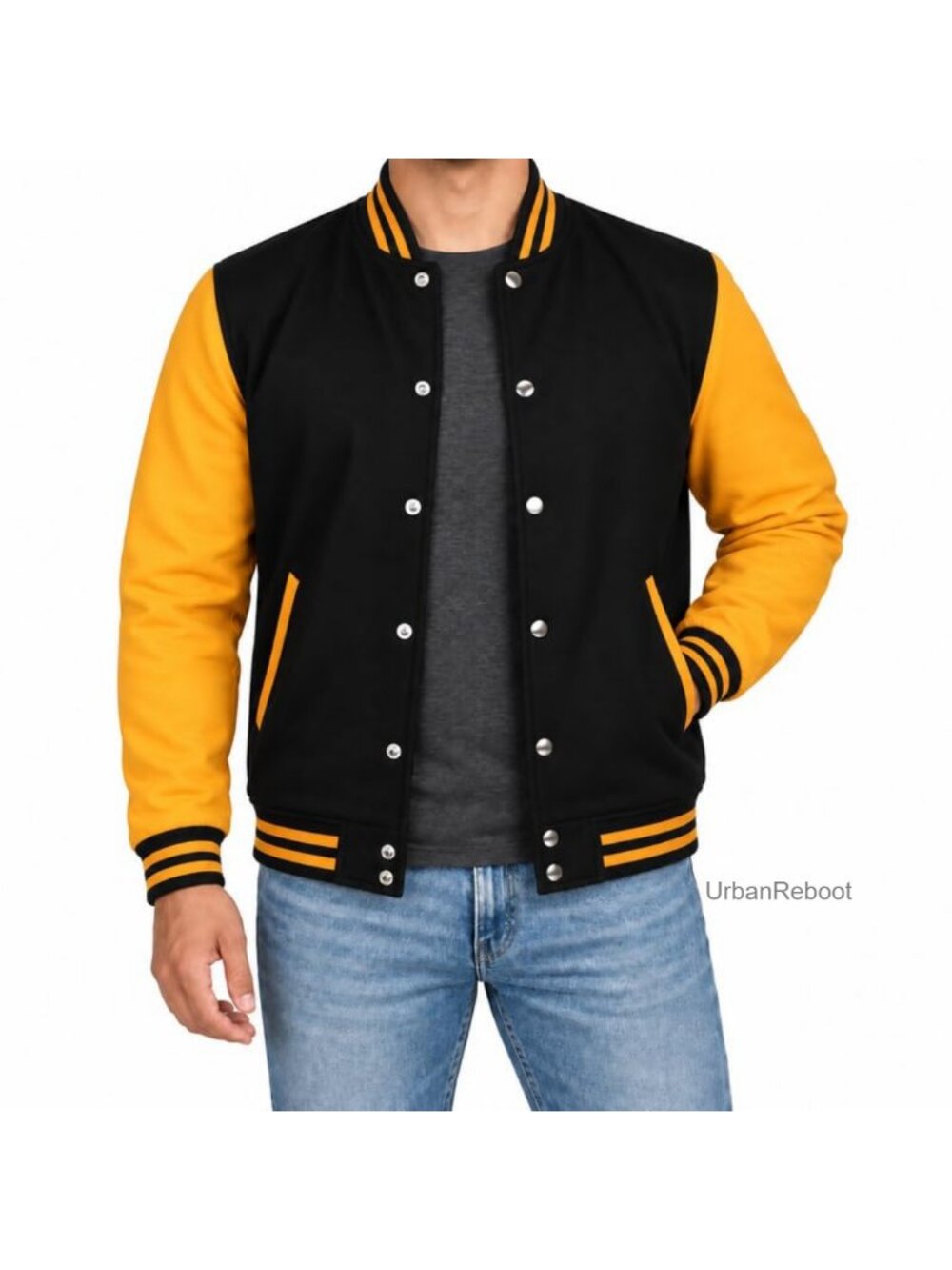 Mens Varsity Letterman Bomber Jacket Fleece Snap Button Baseball